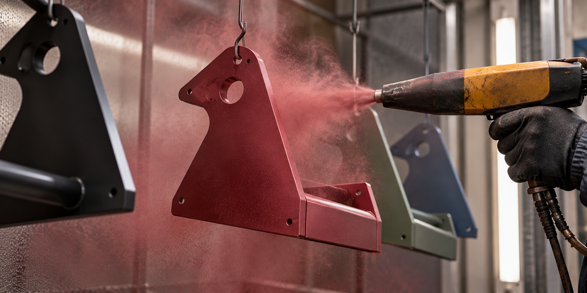 Powder-coated metal part in a workshop